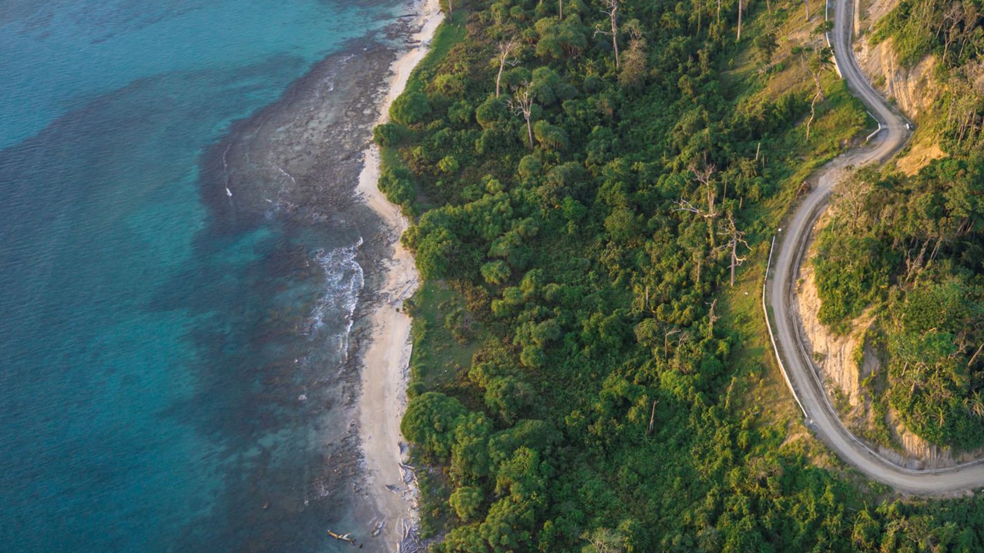 Aerial view of a coastal road winding along a forested cliff beside turquoise sea, Andaman Islands