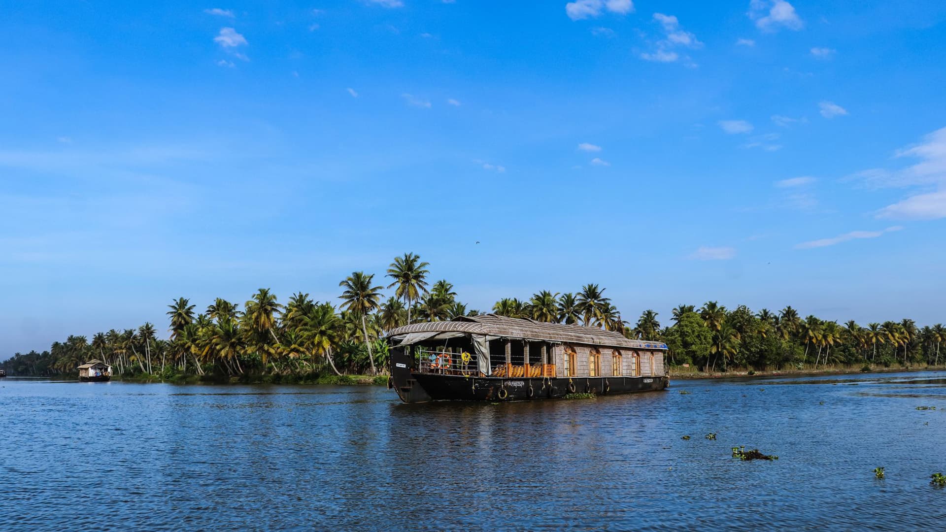 Traditional houseboat cruising the palm-lined Alleppey backwaters under a clear blue sky